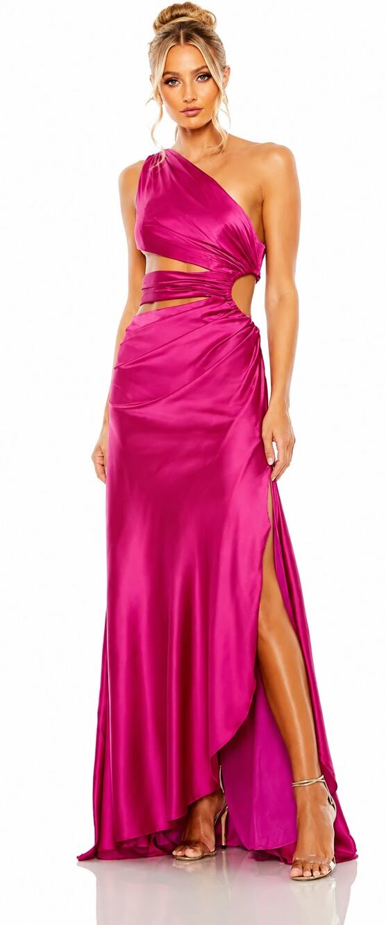 Mac Duggal Cut Out One Shoulder Satin Gown Dress Magenta Pink Womens Size 2 New
